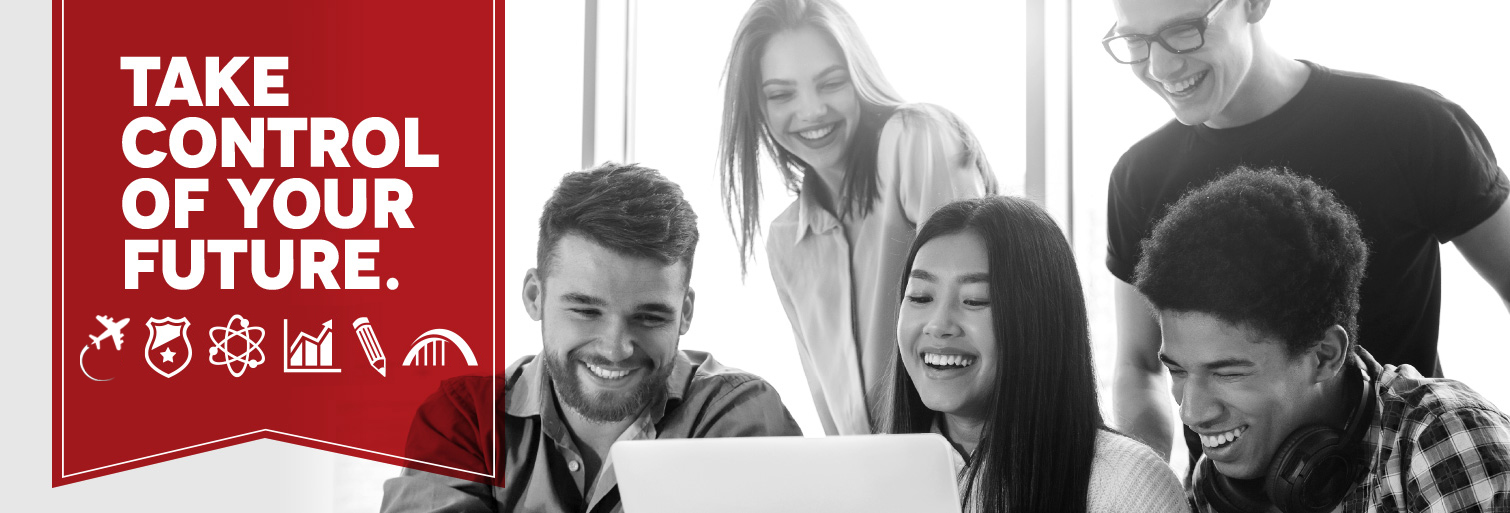 Take control of your future. Group of students laughing and viewing computer